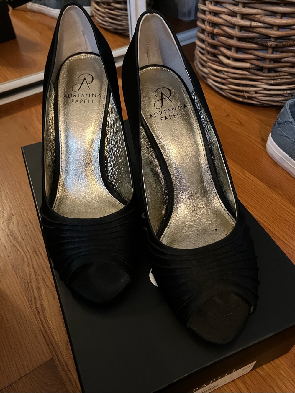 Adrianna Papell Black Satin Peep-Toe Ruched Heels